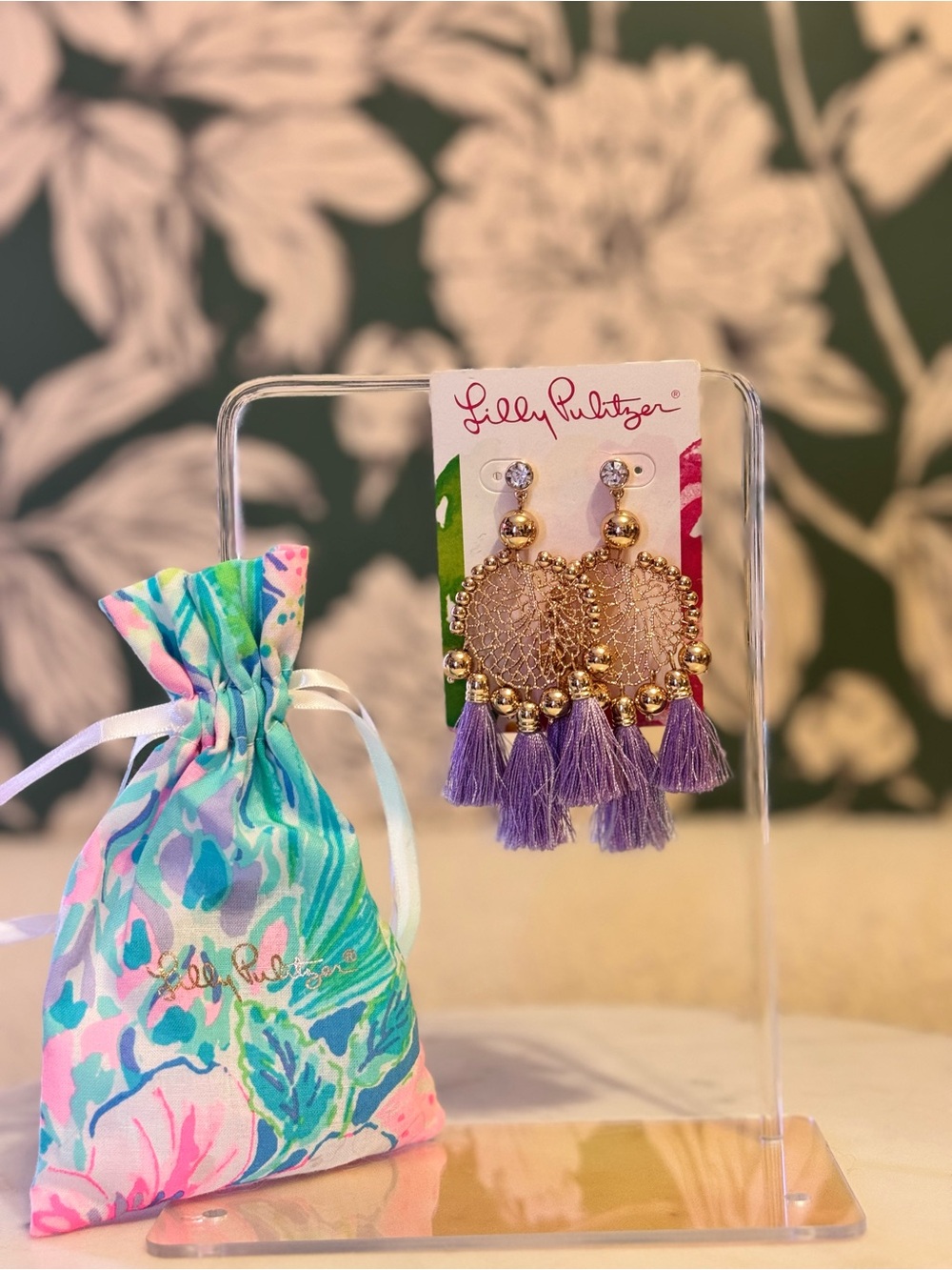 Lilly Pulitzer Gold Filigree Hoop Earrings with Lavender Tassels NWT & Dusty!